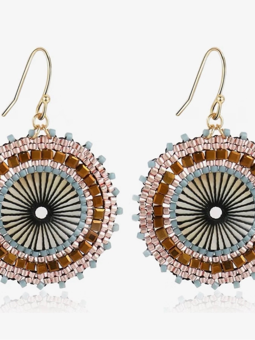 Beaded Round Drop Earrings in Rose Gold, Blue & Brown